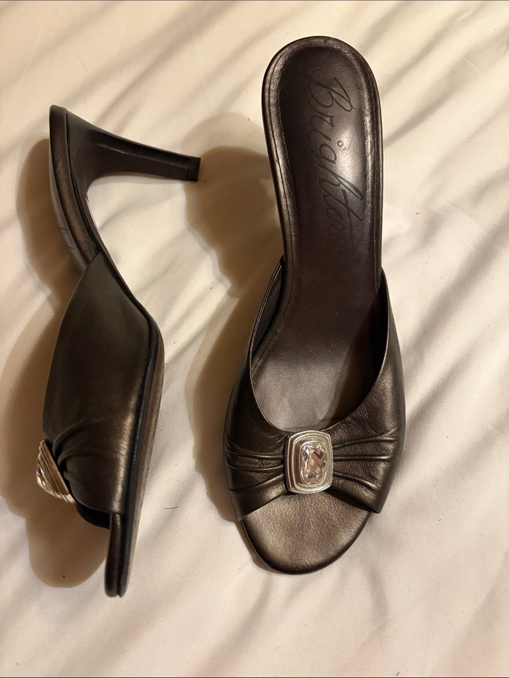 Brighton Russia Metalic Grey Leather Open-Toe Mules with Crystal Buckle